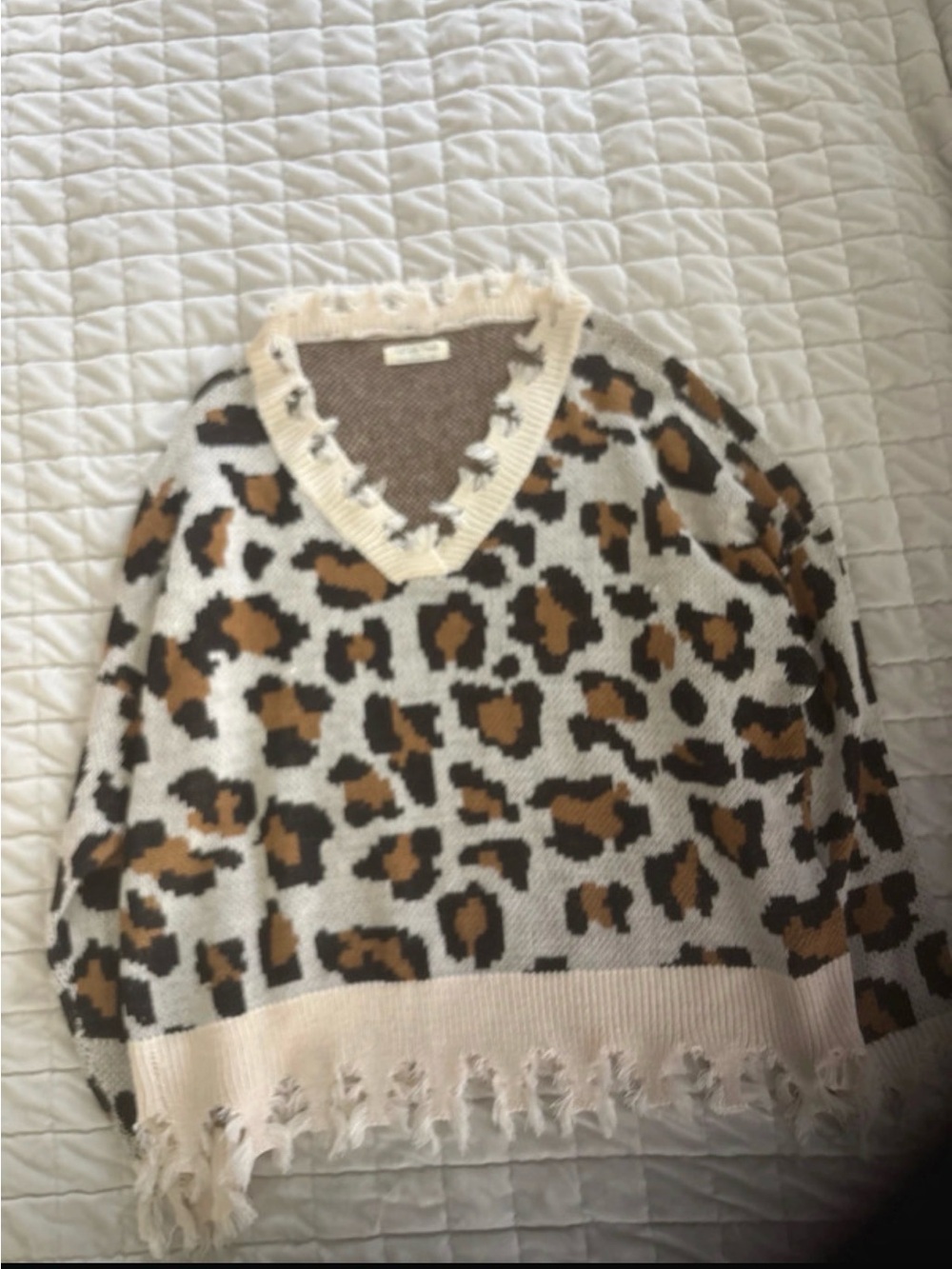 Leopard Print V-Neck Sweater in Cream and Brown